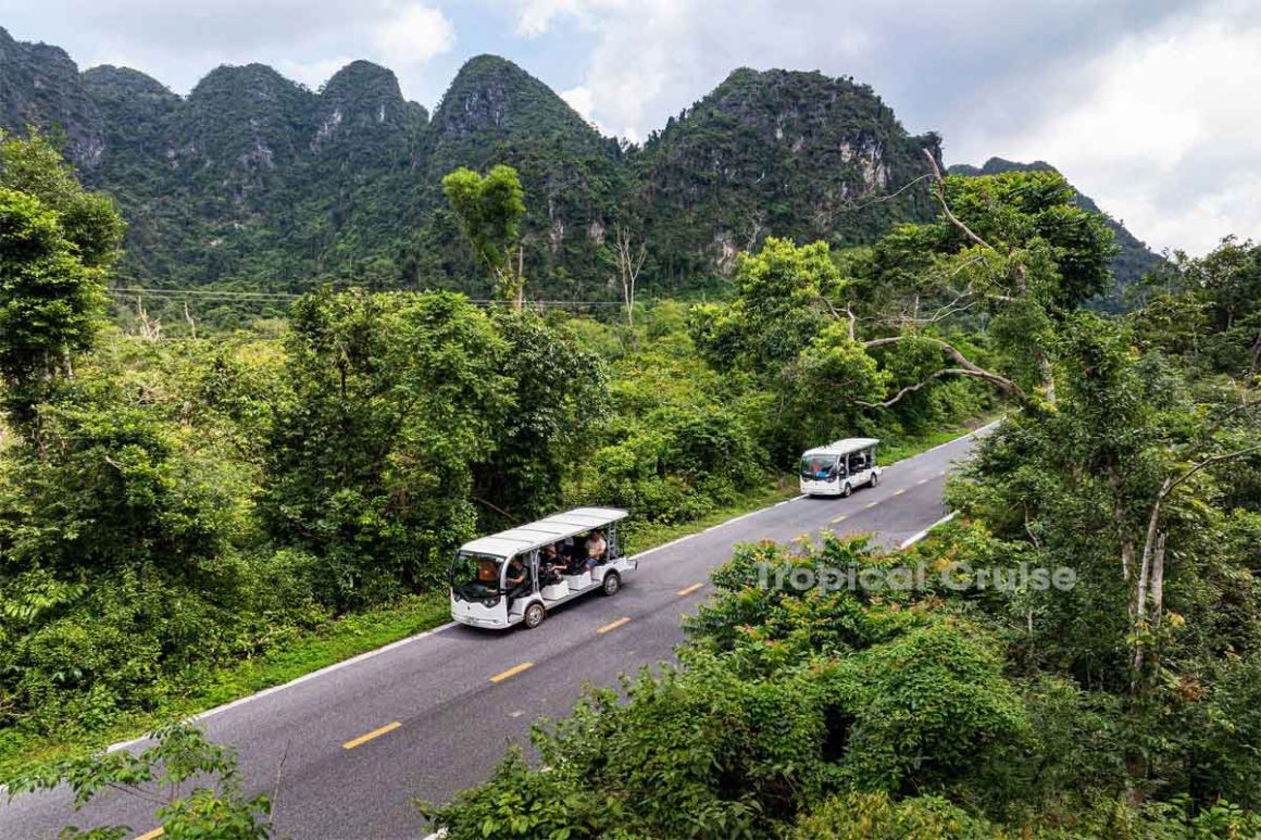 Lan Ha Bay 1 Day – Electric Car Ride on Cat Ba Island Tourists taking an electric car ride through Cat Ba Island forest during Lan Ha Bay 1 day tour