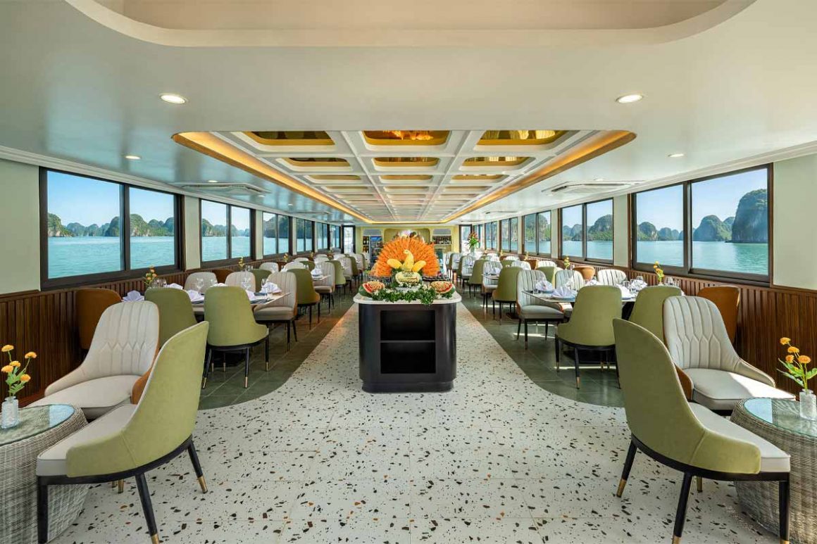 Lan Ha Bay 1 Day – Buffet Lunch on modern Cruise Elegant onboard restaurant serving buffet lunch on Lan Ha Bay 1 day tour