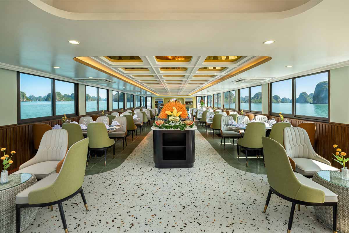 Elegant onboard restaurant serving buffet lunch on Lan Ha Bay 1 day tour