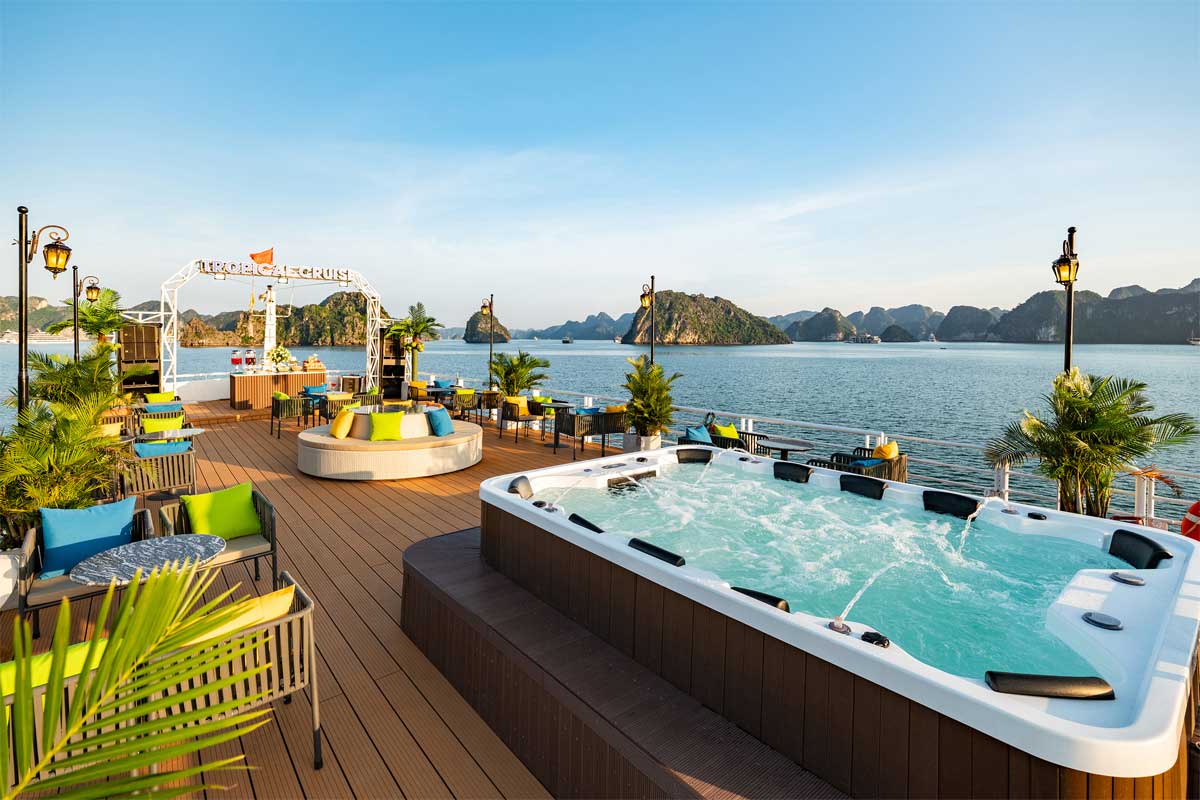 Guests relaxing in Jacuzzi on luxury Lan Ha Bay 1 day cruise