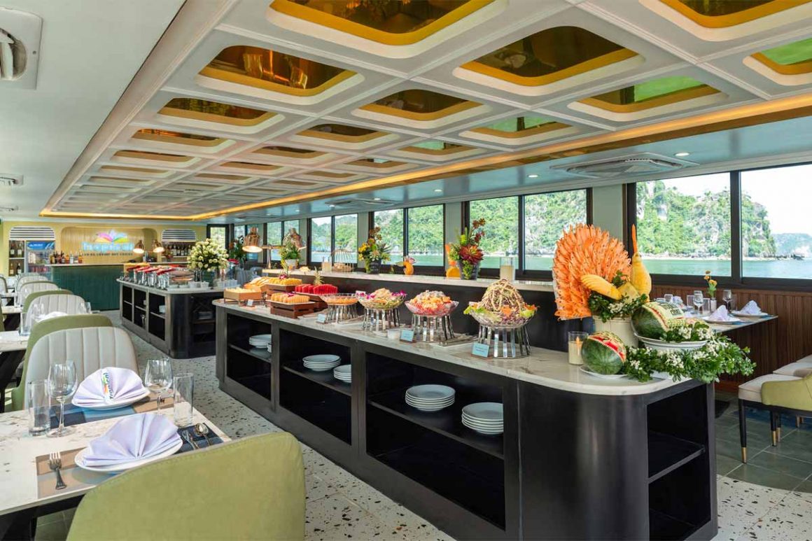 Lan Ha Bay 1 Day – Buffet Lunch on modern Cruise Elegant onboard restaurant serving buffet lunch on Lan Ha Bay 1 day tour