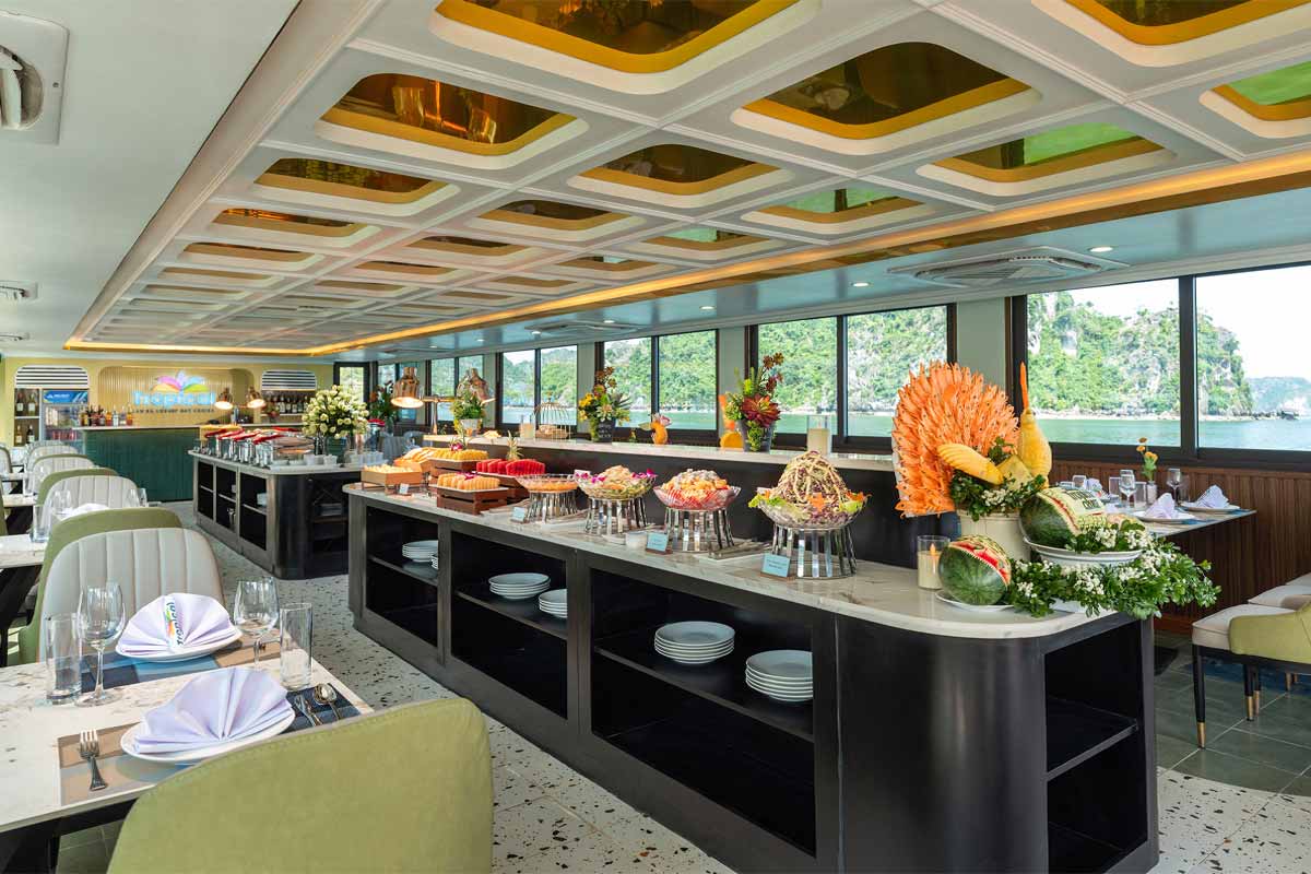 Elegant onboard restaurant serving buffet lunch on Lan Ha Bay 1 day tour