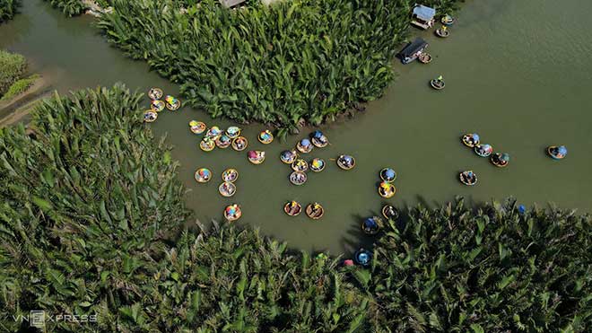 Tourists take coracle boats along Bay Mau nipa palm forest in Hoi An