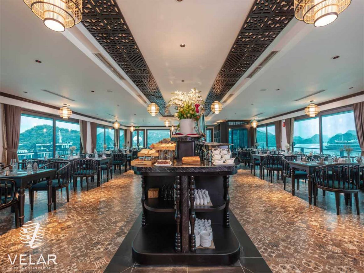 Elegant fine dining setup in the restaurant aboard the 5-star Velar of The Sea Cruise