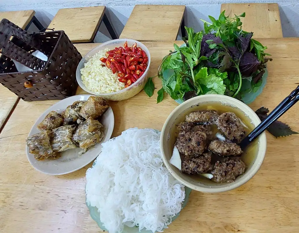 Traditional Bun Cha Hanoi with grilled pork and rice noodles
