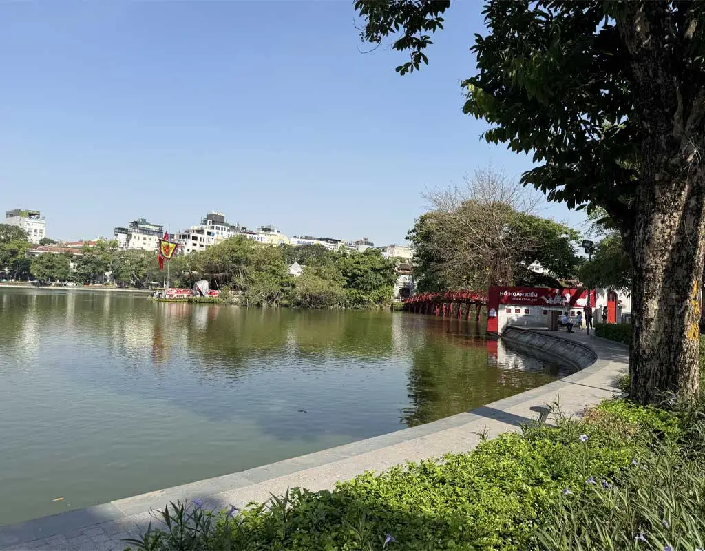 Ngoc Son Temple and the iconic red bridge at Hoan Kiem Lake Hanoi