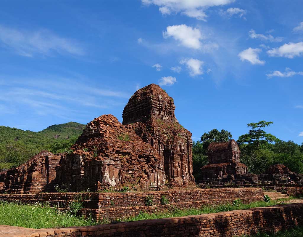 Ancient Cham temple ruins at My Son Sanctuary in Central VietnamTitle: My Son Sanctuary