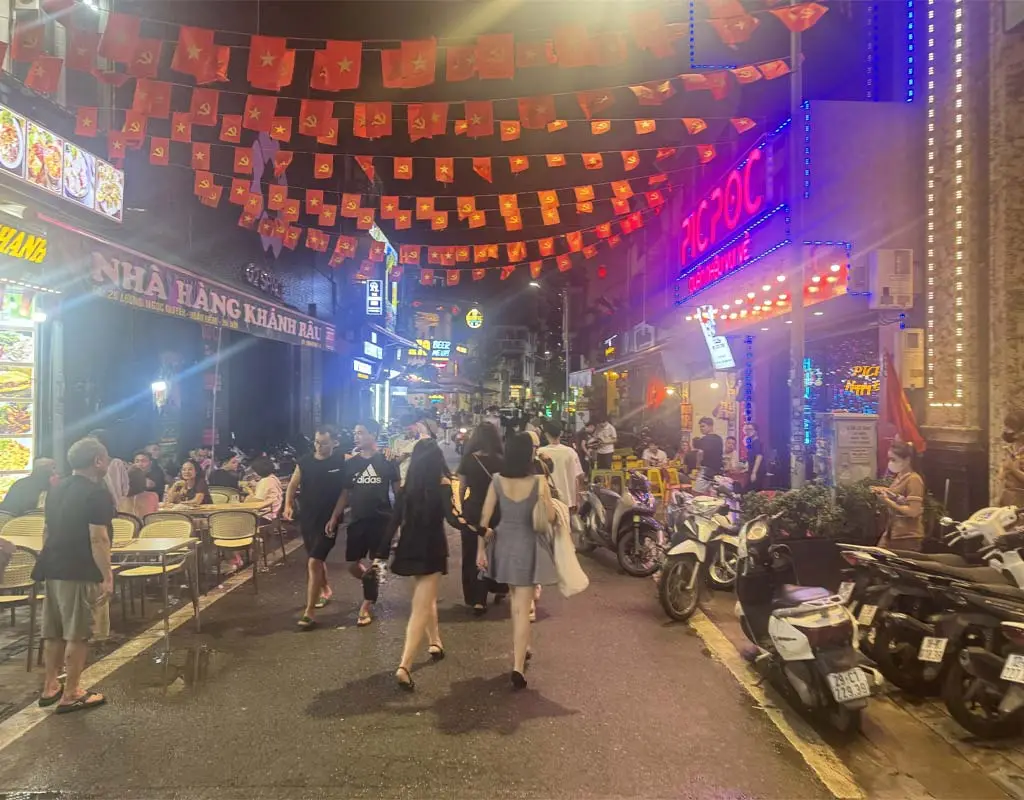Crowds enjoying nightlife on Ta Hien Beer Street in Hanoi Old Quarter