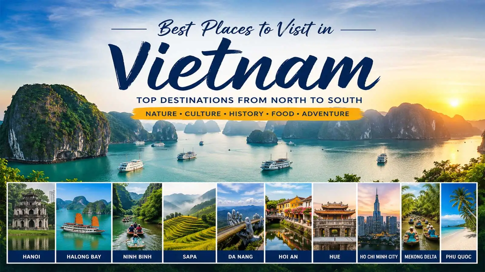 Best places to visit in Vietnam featuring Hanoi, Halong Bay, Ninh Binh, Sapa, Da Nang, Hoi An, Hue, Ho Chi Minh City, Mekong Delta, and Phu Quoc.