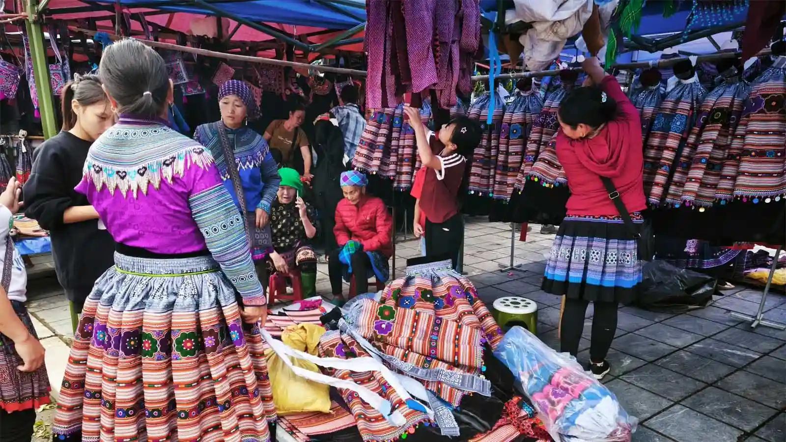 Bac Ha Market Vietnam with Hmong people in colorful traditional clothing