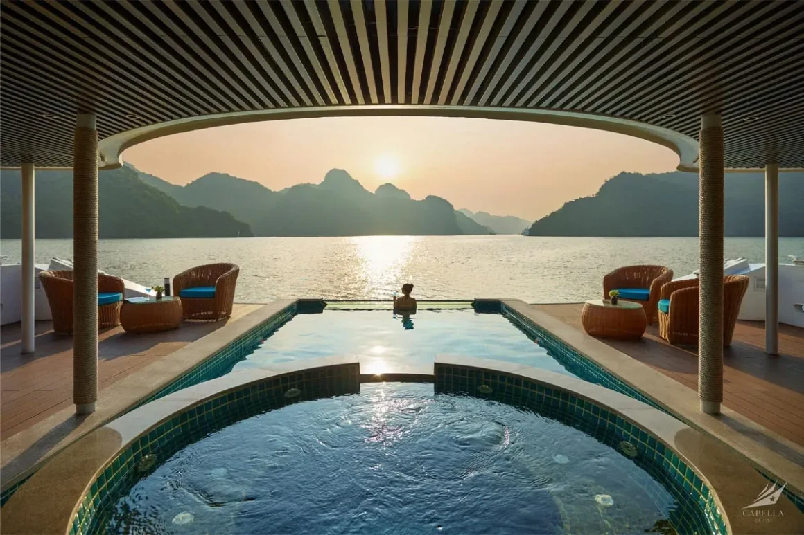 Swimming pool on Capella Cruise with Lan Ha Bay views