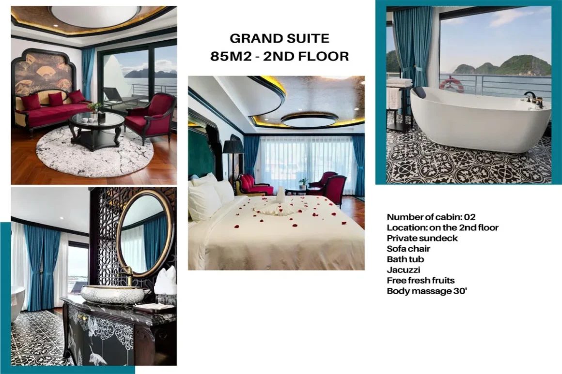 Spacious Grand Suite cabin featuring panoramic floor-to-ceiling windows on Catherine Cruise Halong Bay