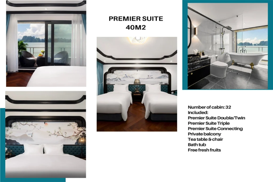 Premier Suite cabin bedroom with private ocean balcony on Catherine Cruise Halong Bay