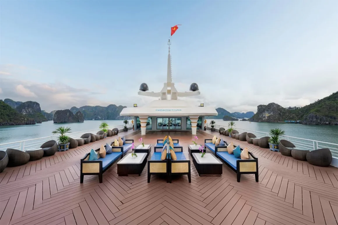 Spacious 360-degree sundeck with sun loungers on Catherine Cruise Halong Bay