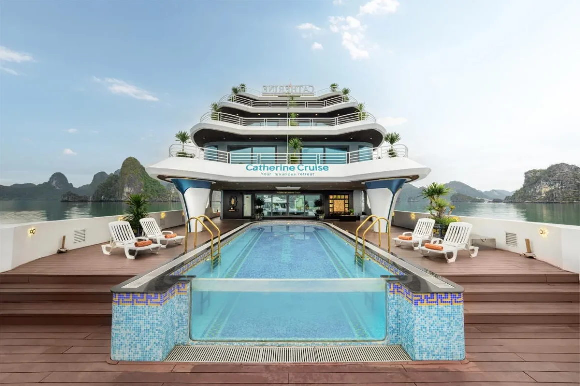 Outdoor infinity swimming pool on the deck of Catherine Cruise Halong Bay