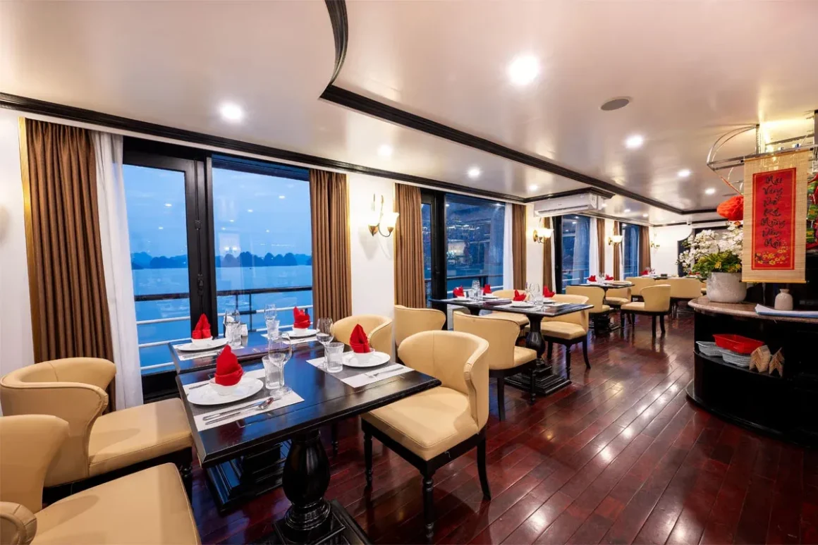 Elegant dining room and gourmet restaurant aboard Dragon Bay Premium Cruise