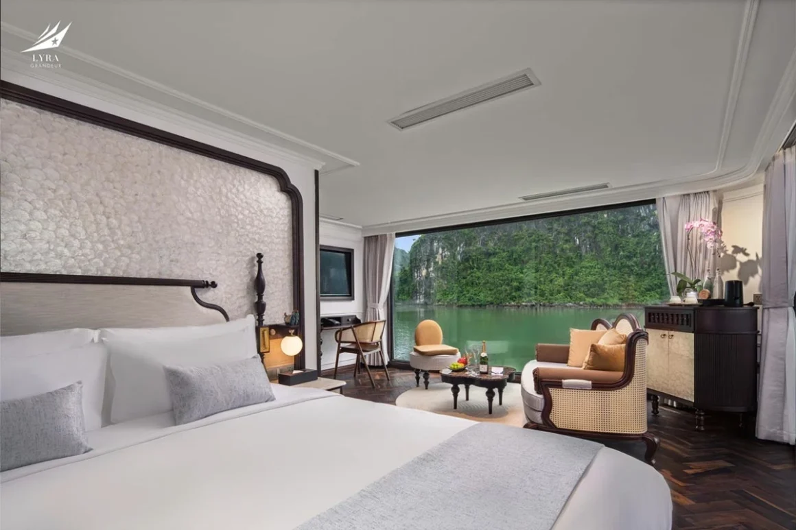 Signature La Suite De Lyra on Lyra Grandeur Cruise La Suite De Lyra signature cabin on Lyra Grandeur Cruise Lan Ha Bay with bespoke art decor and luxury bathtub