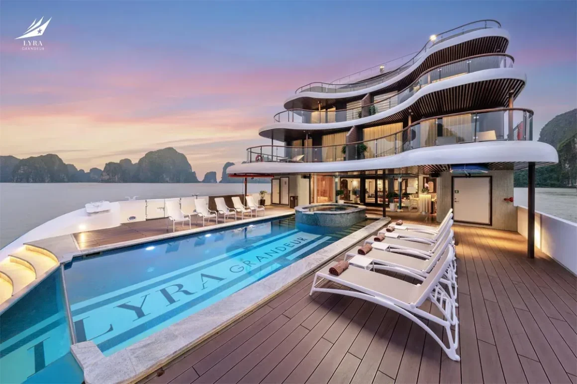 Lyra Grandeur Cruise Jacuzzi Pool Lan Ha Bay Outdoor four-season swimming pool and jacuzzi on the deck of Lyra Grandeur Cruise overlooking Lan Ha Bay