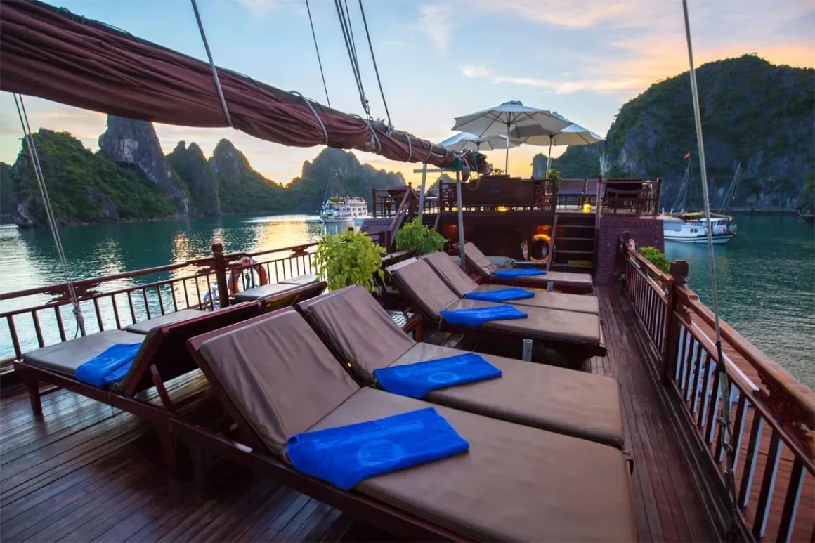 Sundeck of Dragon's Pearl Junk with views of Bai Tu Long Bay