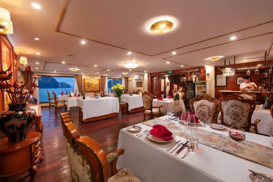 Elegant royal-themed dining room on Emperor Cruise Halong Bay