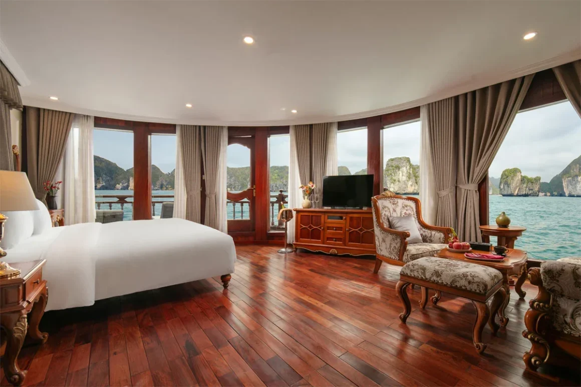 Spacious State Suite bedroom overlooking the waters of Halong Bay
