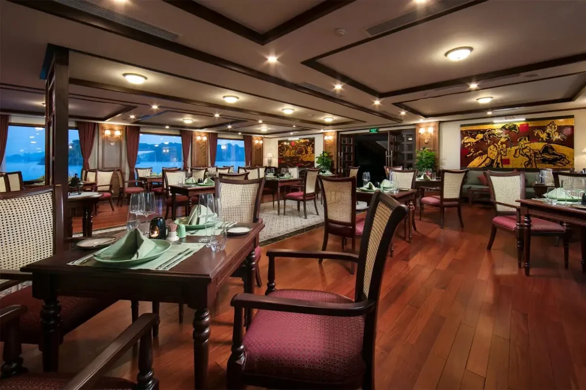 Heritage Cruise Binh Chuan Fine Dining Vietnamese Restaurant Fine dining restaurant interior on Heritage Cruise Binh Chuan