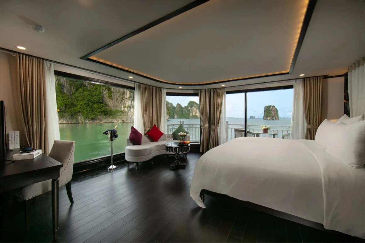 Hermes Cruise Halong Bay Royal Suite with Balcony & Jacuzzi Lavish Royal Suite Balcony on Hermes Cruise Halong Bay with private Jacuzzi and expansive balcony