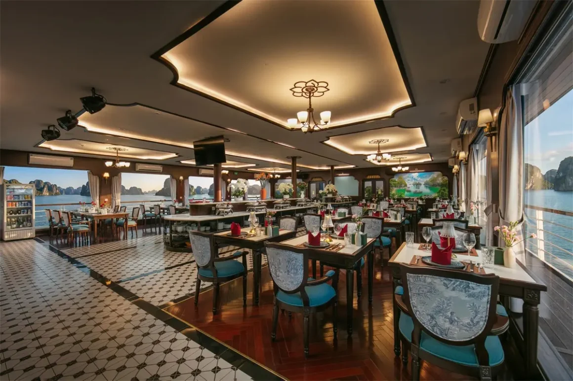 Restaurant on Hermes Premium Cruise set for À la carte dinner in Halong Bay