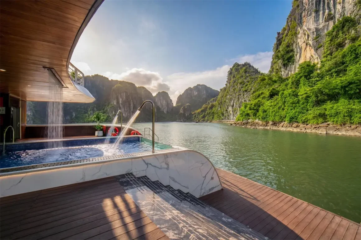 Swimming pool on Hermes Premium Cruise overlooking Halong Bay