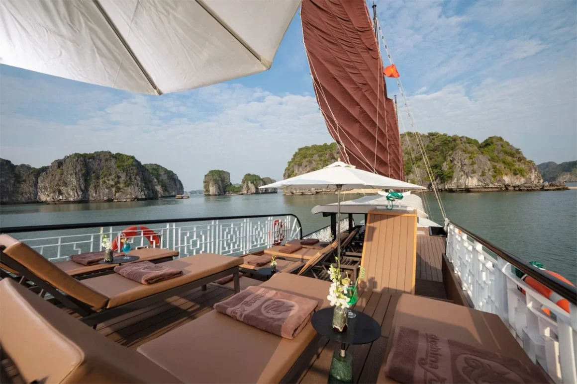 Sundeck of Prince Junk with open views of Bai Tu Long Bay