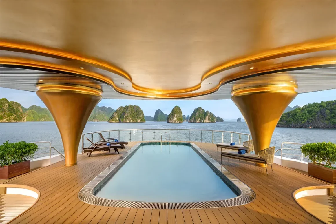 Sea Stars Cruise Swimming Pool Swimming pool on Sea Stars Cruise surrounded by Halong Bay scenery
