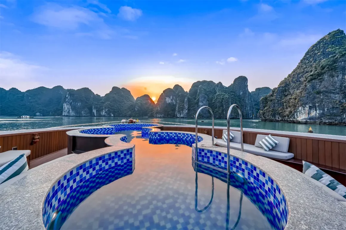 Symphony Cruise Jacuzzi on Deck Jacuzzi on the deck of Symphony Cruise Halong Bay with a view of Ha Long Bay
