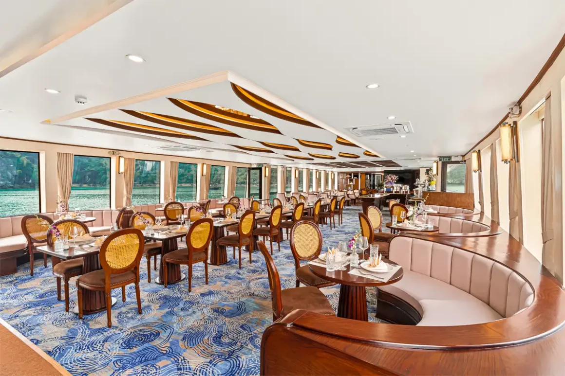 Symphony Cruise Restaurant and Buffet Lunch Buffet lunch restaurant on Symphony Cruise Halong Bay with tables set for guests